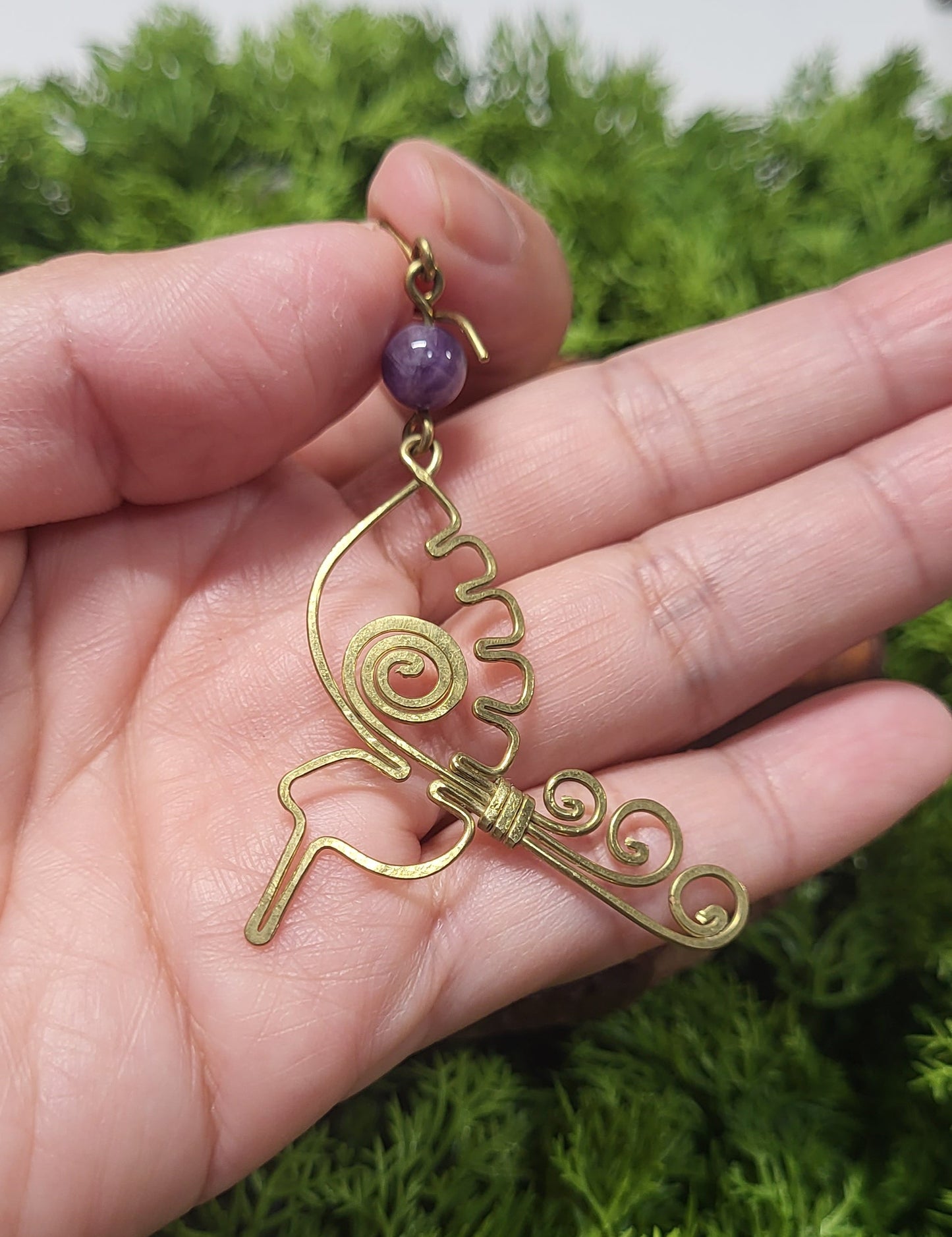 Brass Amethyst Hummingbird Earrings