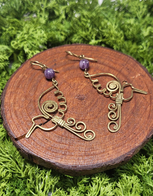 Brass  Amethyst Hummingbird Earrings