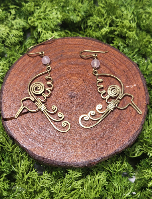 Brass Rose Quartz Hummingbird Earrings